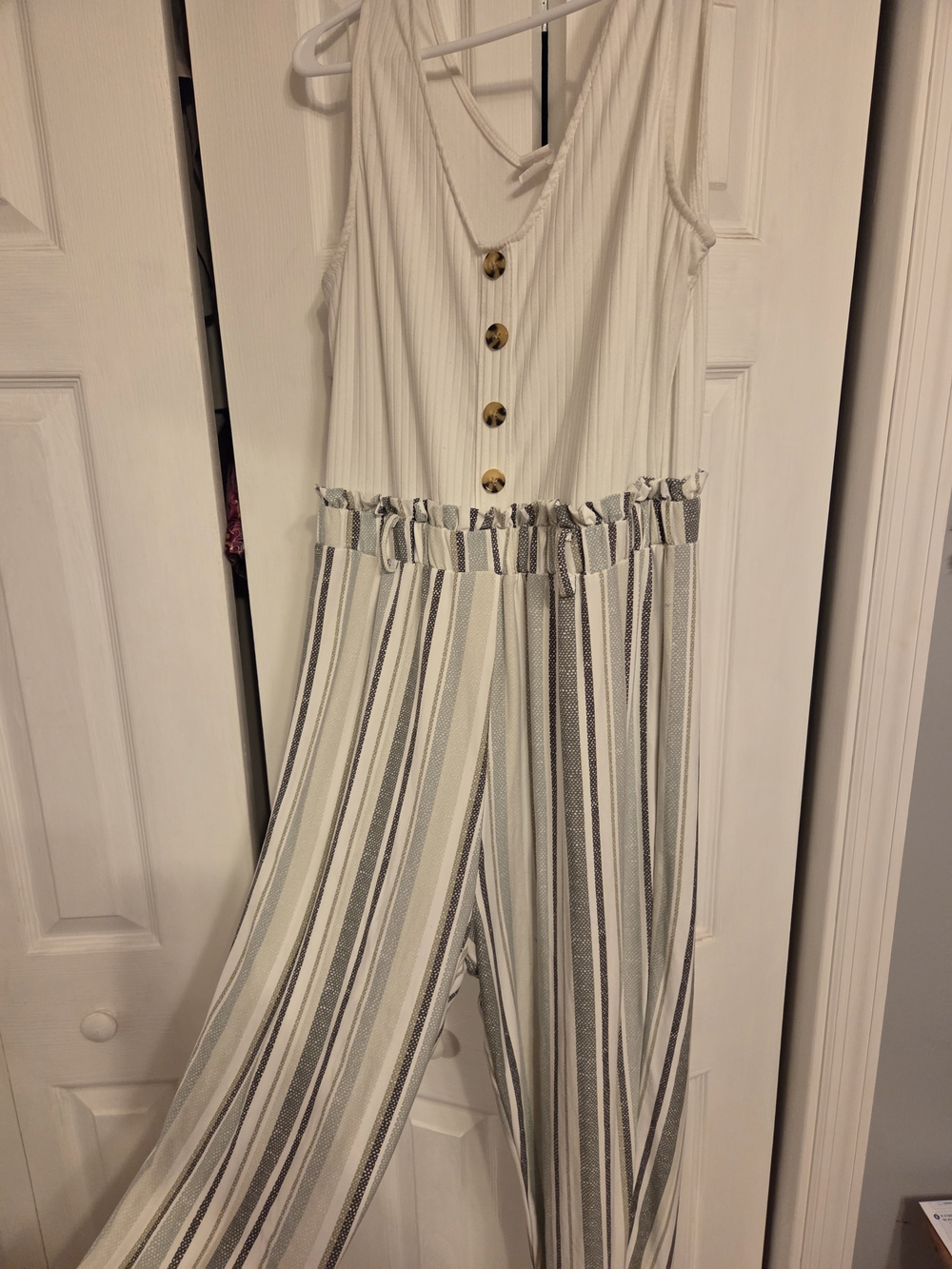 Derek Heart Cream Jumpsuit with Gray Stripe Pant